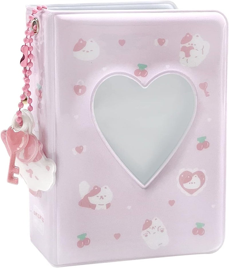 YAHUIPEIUS 3 Inch Mini Photo Album, Heart Hollow Card Binder Photo Card Holder with Pendant 40 Pockets (pink white cat) - Image 1